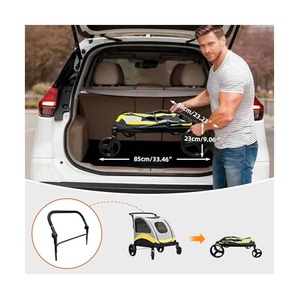 BingoPaw Dog Cat Travel Stroller: Foldable Heavy Duty Pet Pram Up to 20KG | 4 Oversized Wheels Doggy Pushchair with Brakes for Small Medium Dogs and Cat with Adjustable Handle and Safety Collar Hook
