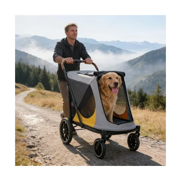 BingoPaw Large Dog Stroller, Up to 42kg | Portable Outdoor Foldable, One-Click Folding, Dual Entry, Wheels with Storage Pockets, Includes Puppy Mats