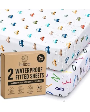 Bisoo Magic Sheet 20x33in 1 Letters + 1 Cars Fitted Sheet for Bedside Crib | Sheet and Protector in One Piece, Savings, Waterproof, Breathable, Noiseless, Cotton Jersey Oeko-Tex