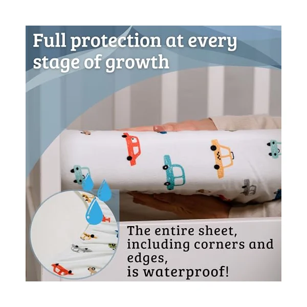 Bisoo Magic Sheet 20x33in 1 Letters + 1 Cars Fitted Sheet for Bedside Crib | Sheet and Protector in One Piece, Savings, Waterproof, Breathable, Noiseless, Cotton Jersey Oeko-Tex