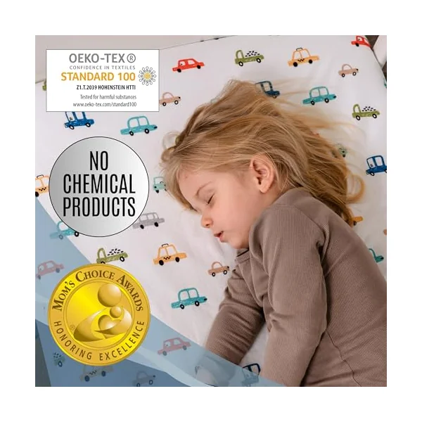 Bisoo Magic Sheet 20x33in 1 Letters + 1 Cars Fitted Sheet for Bedside Crib | Sheet and Protector in One Piece, Savings, Waterproof, Breathable, Noiseless, Cotton Jersey Oeko-Tex