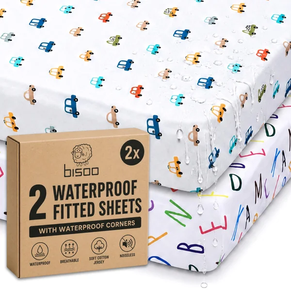 Bisoo Magic Sheet 20x33in 1 Letters + 1 Cars Fitted Sheet for Bedside Crib | Sheet and Protector in One Piece, Savings, Waterproof, Breathable, Noiseless, Cotton Jersey Oeko-Tex