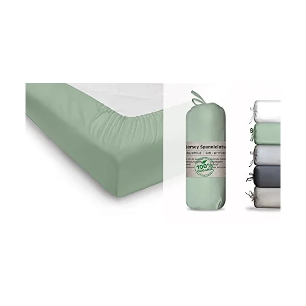 Blue Moon Organic Cotton Jersey Bed Sheet - Fitted Sheet 160 x 200 cm - GOTS Certified Ökotex Made in Green (Green, 140-160 x 200 cm)