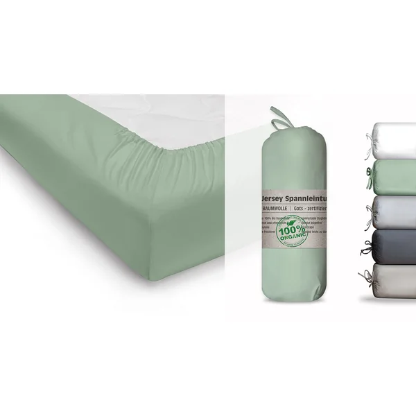 Blue Moon Organic Cotton Jersey Bed Sheet - Fitted Sheet 160 x 200 cm - GOTS Certified Ökotex Made in Green (Green, 140-160 x 200 cm)