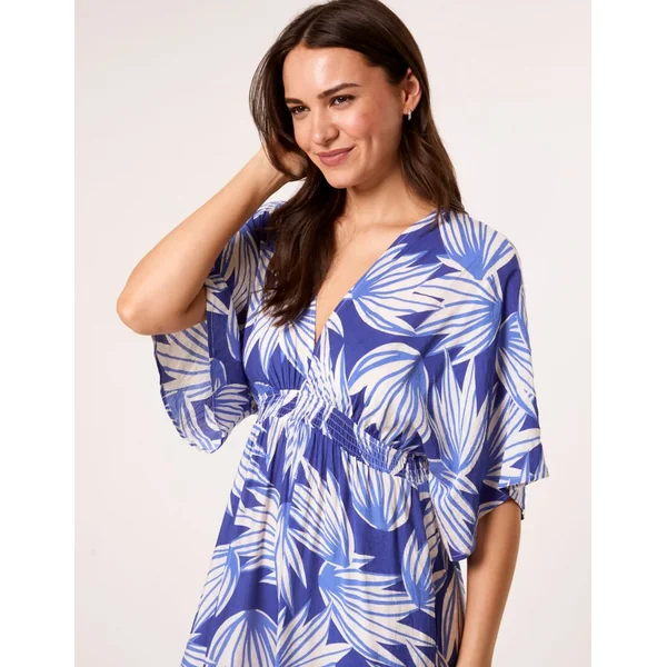 Blue Vanilla Blue Printed Leaf Wide Leg Jumpsuit