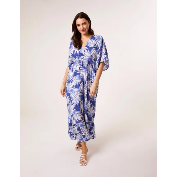 Blue Vanilla Blue Printed Leaf Wide Leg Jumpsuit