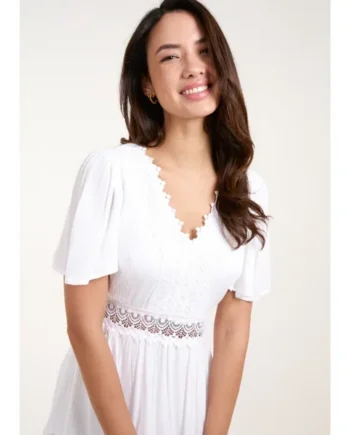 Blue Vanilla White Crochet Detailing Angel Sleeve Tiered Maxi Dress