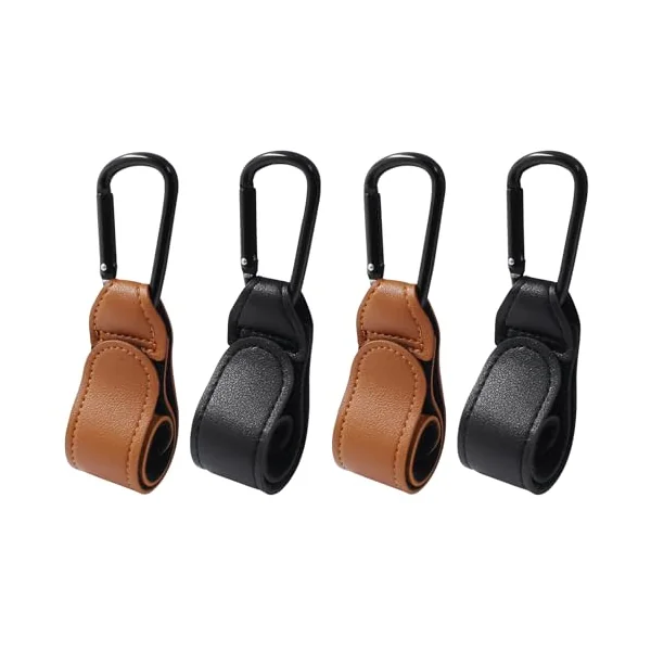Bonsicoky 4 Pcs Stroller Hooks for Diaper Bag - Durable Leather Stroller Straps Diaper Bag Hooks - Stroller Clips for Stroller Wheelchair Shopping Carts - Black + Brown