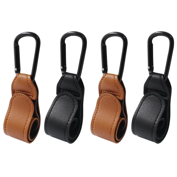 Bonsicoky 4 Pcs Stroller Hooks for Diaper Bag - Durable Leather Stroller Straps Diaper Bag Hooks - Stroller Clips for Stroller Wheelchair Shopping Carts - Black + Brown
