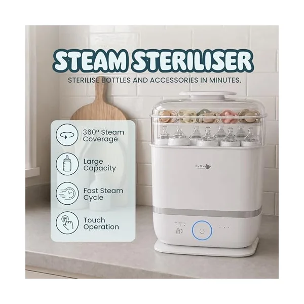 BooBoo Baby Steam Steriliser for Baby Bottles, Dummies, Toys, Accessories | Large Capacity Steriliser and Dryer with 72 Hour Storage - Fast 8 Minute Steam Sterilisation