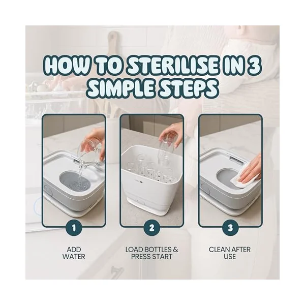 BooBoo Baby Steam Steriliser for Baby Bottles, Dummies, Toys, Accessories | Large Capacity Steriliser and Dryer with 72 Hour Storage - Fast 8 Minute Steam Sterilisation