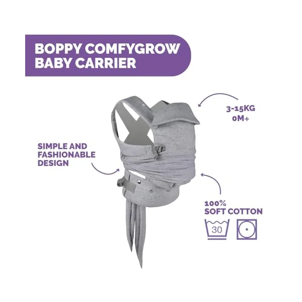 Boppy Comfygrow Easy to Use Adjustable Ergonomic Baby Carrier for Newborns with Head and Neck Support, Adjustable Sleeves and Seat, Cotton, for 3-15 kg, from 0 M+