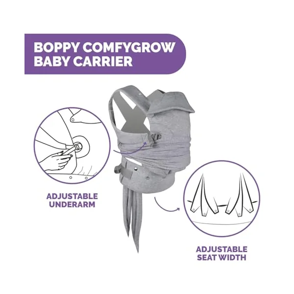 Boppy Comfygrow Easy to Use Adjustable Ergonomic Baby Carrier for Newborns with Head and Neck Support, Adjustable Sleeves and Seat, Cotton, for 3-15 kg, from 0 M+