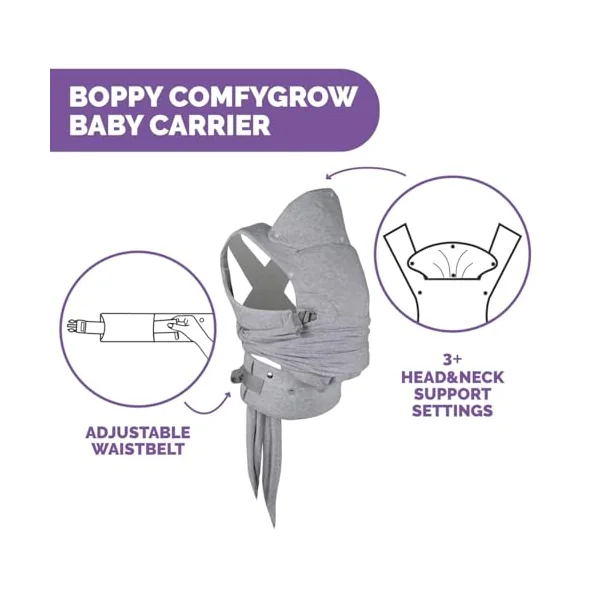 Boppy Comfygrow Easy to Use Adjustable Ergonomic Baby Carrier for Newborns with Head and Neck Support, Adjustable Sleeves and Seat, Cotton, for 3-15 kg, from 0 M+