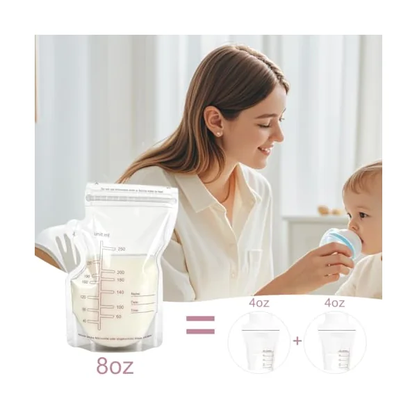 Breastmilk Storage Bags 60 Count 250ml Disposable Milk Storage Bag with Pour Spout Self-Standing Bag for Breastfeeding Leakproof Fast Freeze BPA Free