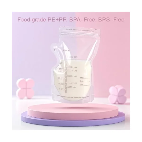 Breastmilk Storage Bags 60 Count 250ml Disposable Milk Storage Bag with Pour Spout Self-Standing Bag for Breastfeeding Leakproof Fast Freeze BPA Free