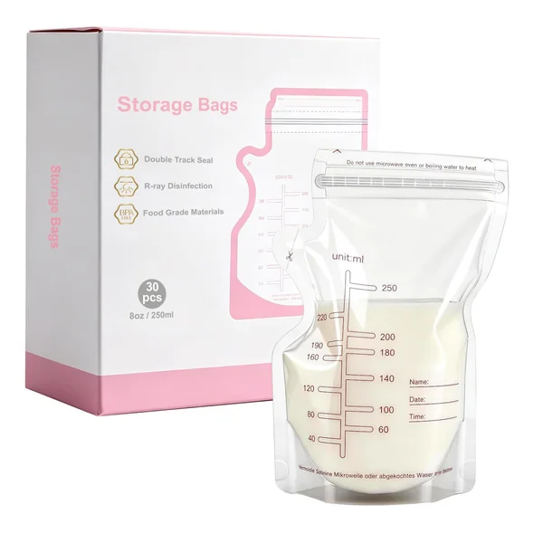 Breastmilk Storage Bags 60 Count 250ml Disposable Milk Storage Bag with Pour Spout Self-Standing Bag for Breastfeeding Leakproof Fast Freeze BPA Free