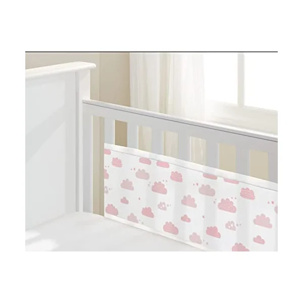 BreathableBaby, Classic 3mm Breathable Mesh Liner for Cots with 120x60cm or 140x70cm Mattress, Pink Clouds, Covers 2 Sides, Non-Padded Single Layer Cot Bumper Alternative, Safety Tested