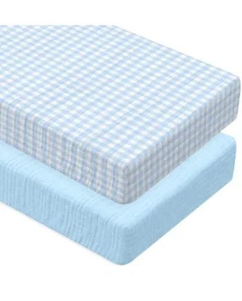 Breling Muslin Blue and Blue Gingham Crib Sheets for Boy Girl Soft and Breathable 100% Cotton Plaid Baby Bed Crib Sheets Checkered Fitted Mattress Cover for 52''x 28'' Standard Mattress Size