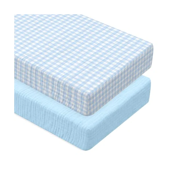 Breling Muslin Blue and Blue Gingham Crib Sheets for Boy Girl Soft and Breathable 100% Cotton Plaid Baby Bed Crib Sheets Checkered Fitted Mattress Cover for 52''x 28'' Standard Mattress Size