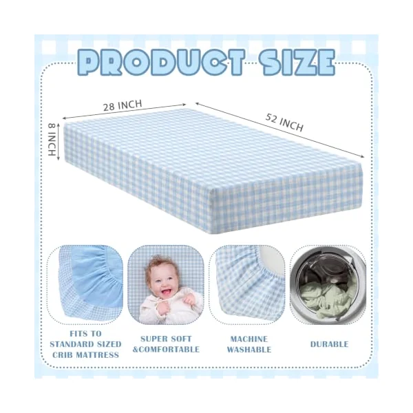 Breling Muslin Blue and Blue Gingham Crib Sheets for Boy Girl Soft and Breathable 100% Cotton Plaid Baby Bed Crib Sheets Checkered Fitted Mattress Cover for 52''x 28'' Standard Mattress Size