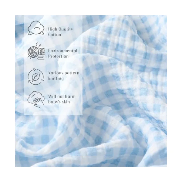 Breling Muslin Blue and Blue Gingham Crib Sheets for Boy Girl Soft and Breathable 100% Cotton Plaid Baby Bed Crib Sheets Checkered Fitted Mattress Cover for 52''x 28'' Standard Mattress Size