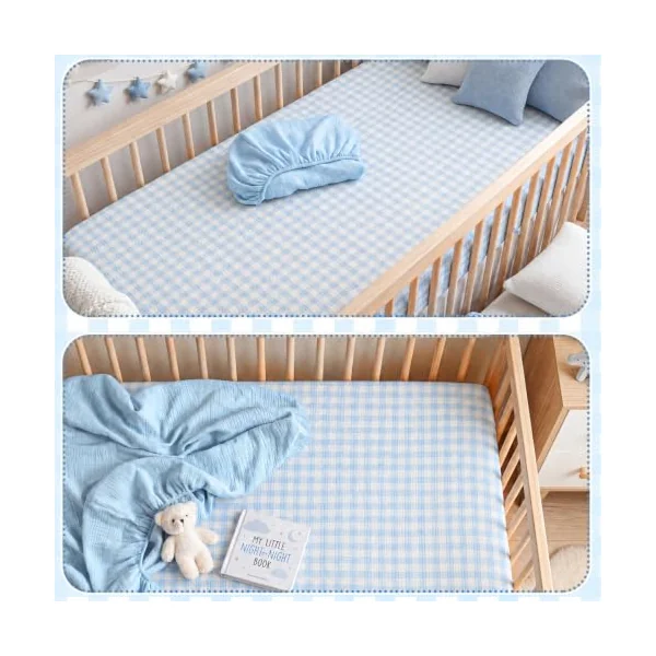 Breling Muslin Blue and Blue Gingham Crib Sheets for Boy Girl Soft and Breathable 100% Cotton Plaid Baby Bed Crib Sheets Checkered Fitted Mattress Cover for 52''x 28'' Standard Mattress Size