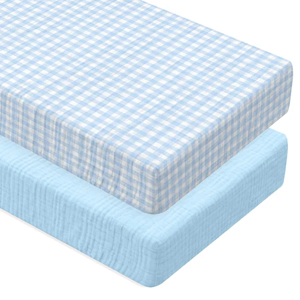 Breling Muslin Blue and Blue Gingham Crib Sheets for Boy Girl Soft and Breathable 100% Cotton Plaid Baby Bed Crib Sheets Checkered Fitted Mattress Cover for 52''x 28'' Standard Mattress Size