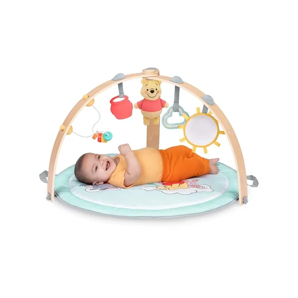 Bright Starts Disney Baby Winnie the Pooh Hunny Hangout Activity Gym with Tummy Time Pillow and Reversible Mat, 5 Pooh Bear Toys Included, Unisex, Newborn and Up