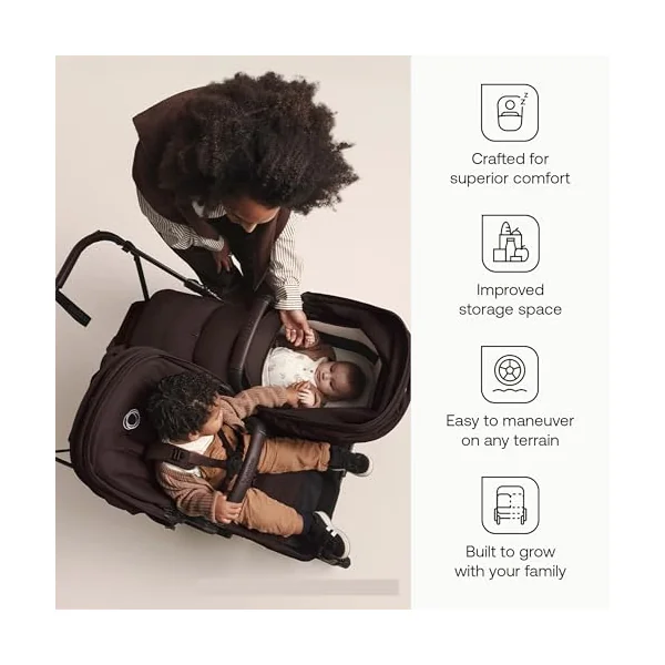 Bugaboo Donkey 6 Double Stroller, Side-by-Side Convertible Pushchair for Newborn and Toddler, Reversible Seat, Easy to Maneuver All-Terrain Wheels and One Hand Steering, Heritage Black