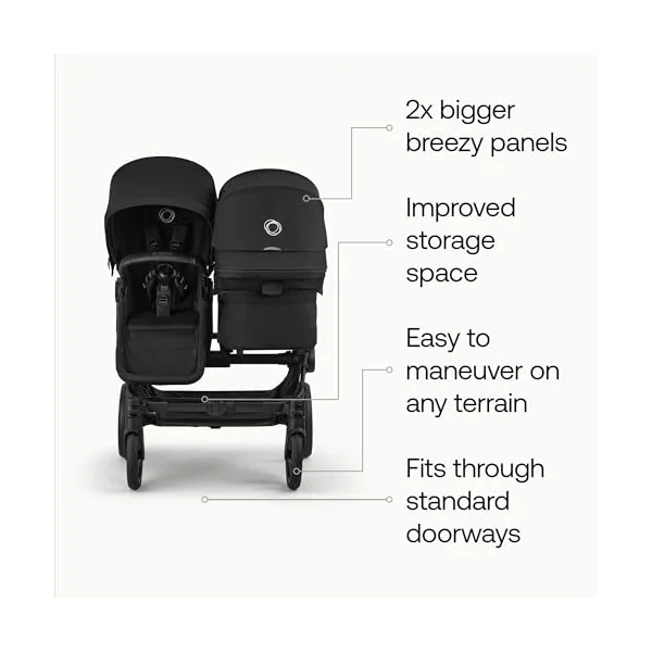 Bugaboo Donkey 6 Double Stroller, Side-by-Side Convertible Pushchair for Newborn and Toddler, Reversible Seat, Easy to Maneuver All-Terrain Wheels and One Hand Steering, Heritage Black