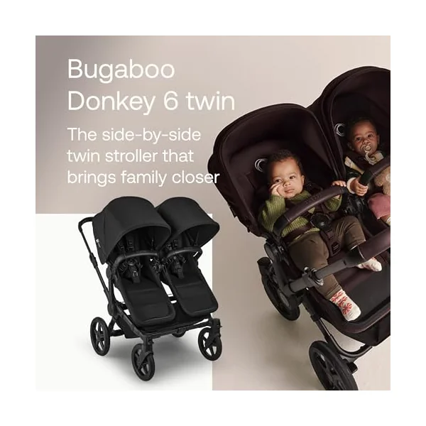 Bugaboo Donkey 6 Twin Stroller, Side-by-Side Convertible Pushchair for Newborn and Toddler Twins from Birth, Reversible Seat, Easy to Maneuver All-Terrain Wheels and One Hand Steering, Heritage Black