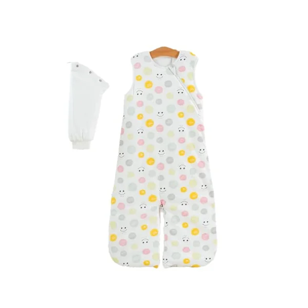 BugBag Baby sleeping bag with detachable sleeves & split legs, 100% super soft cotton. A lightweight, breathable baby sleep bag in 1.5 tog or 2.5 tog, size 18- 36 Months, Dots & Smiles (1.5tog)