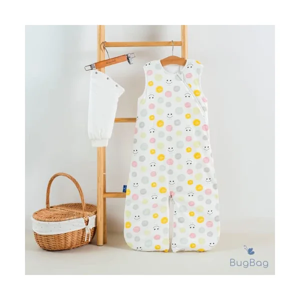 BugBag Baby sleeping bag with detachable sleeves & split legs, 100% super soft cotton. A lightweight, breathable baby sleep bag in 1.5 tog or 2.5 tog, size 18- 36 Months, Dots & Smiles (1.5tog)