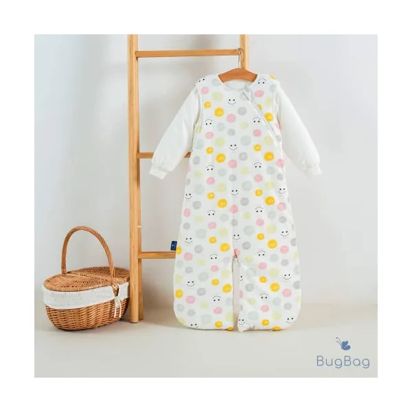 BugBag Baby sleeping bag with detachable sleeves & split legs, 100% super soft cotton. A lightweight, breathable baby sleep bag in 1.5 tog or 2.5 tog, size 18- 36 Months, Dots & Smiles (1.5tog)