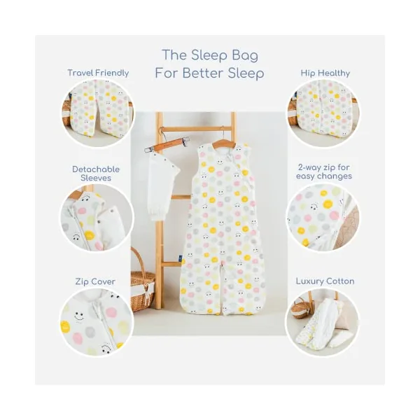 BugBag Baby sleeping bag with detachable sleeves & split legs, 100% super soft cotton. A lightweight, breathable baby sleep bag in 1.5 tog or 2.5 tog, size 18- 36 Months, Dots & Smiles (1.5tog)