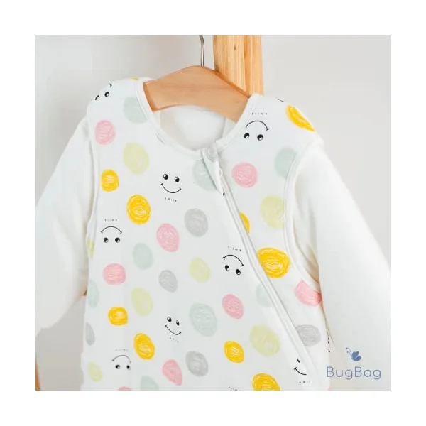 BugBag Baby sleeping bag with detachable sleeves & split legs, 100% super soft cotton. A lightweight, breathable baby sleep bag in 1.5 tog or 2.5 tog, size 18- 36 Months, Dots & Smiles (1.5tog)