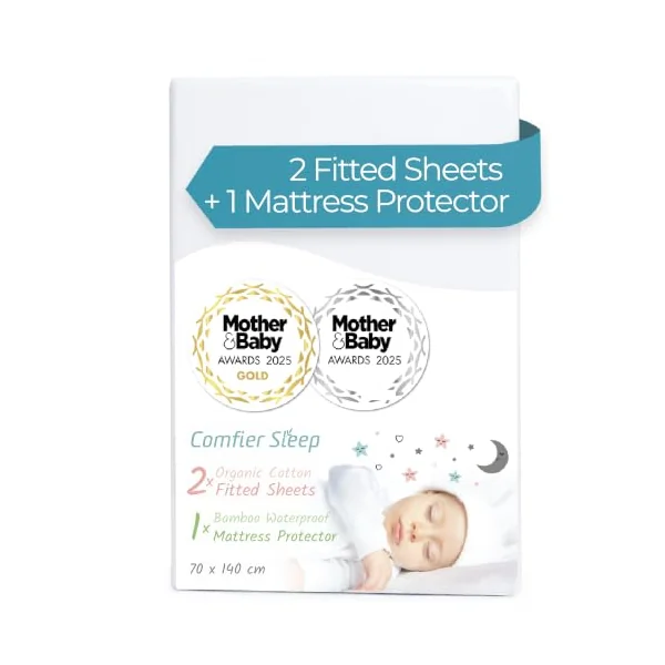 Bundle - 70x140cm - 2 Fitted Cot Bed Sheets and Mattress Protector | Award Winning Certified 100% Organic Cotton Fitted Sheets And 100% Bamboo Waterproof Mattress Protector for Everyday Bedding