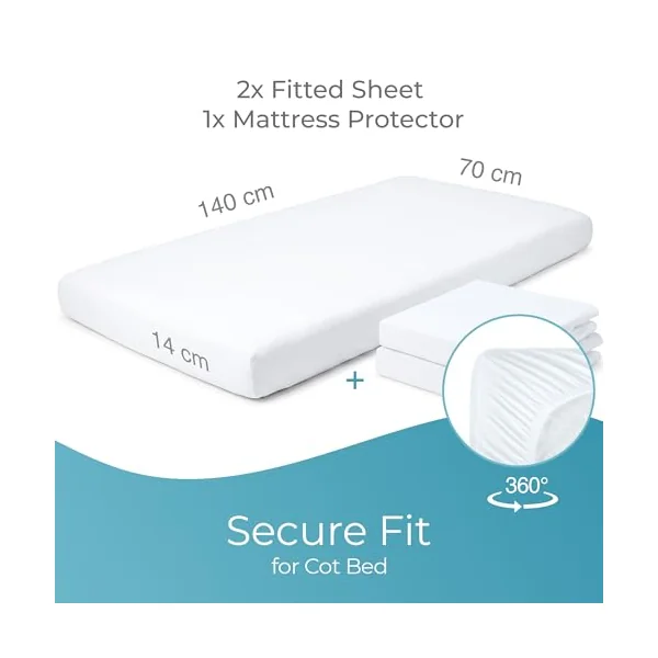 Bundle - 70x140cm - 2 Fitted Cot Bed Sheets and Mattress Protector | Award Winning Certified 100% Organic Cotton Fitted Sheets And 100% Bamboo Waterproof Mattress Protector for Everyday Bedding