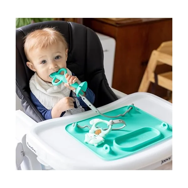 BUSY BABY Silicone Mat Bundle - 1 Original Mat Plus 1 Mini Mat, NEW Stronger Suction Cups, 6 Straps to Secure Baby Essentials and Keep Them Off the Floor, Baby Led Weaning, Wet Bag Included (Tan)
