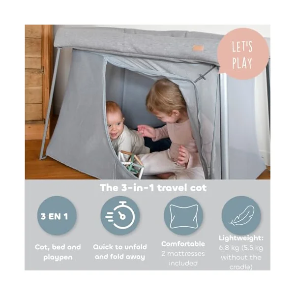 BÉABA, 3 in 1 Baby Travel Cot Bed & Craddle, Playpen, Evolutive, Lightweight - 6.8Kg, Foldable, Compact, Transport Bag and Mattress Included, Breathable and Oeko-Tex Fabric, Heather Grey