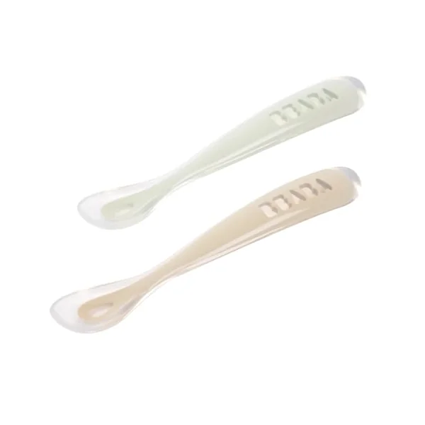 Béaba - Baby Spoons - Silicone Weaning Spoon - Set of 2-1st Stage - with Carrying case - Velvet Grey/sage Green