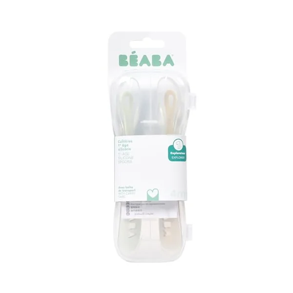 Béaba - Baby Spoons - Silicone Weaning Spoon - Set of 2-1st Stage - with Carrying case - Velvet Grey/sage Green