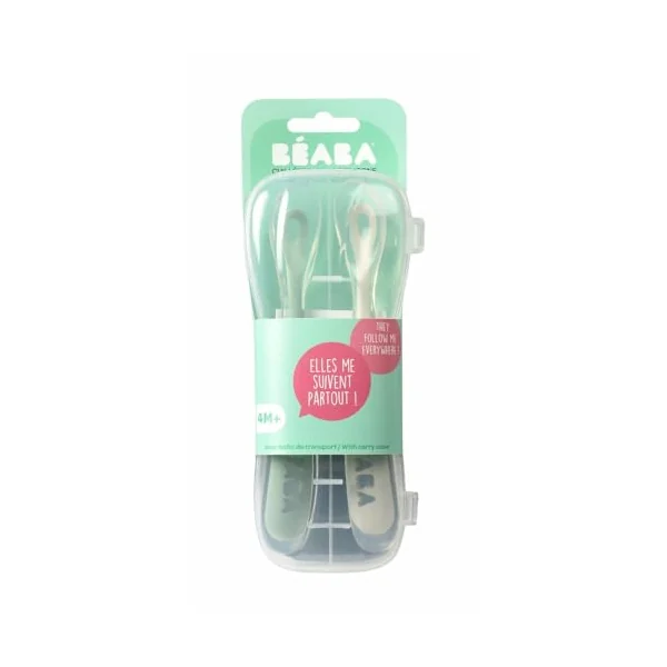 Béaba - Baby Spoons - Silicone Weaning Spoon - Set of 2-1st Stage - with Carrying case - Velvet Grey/sage Green