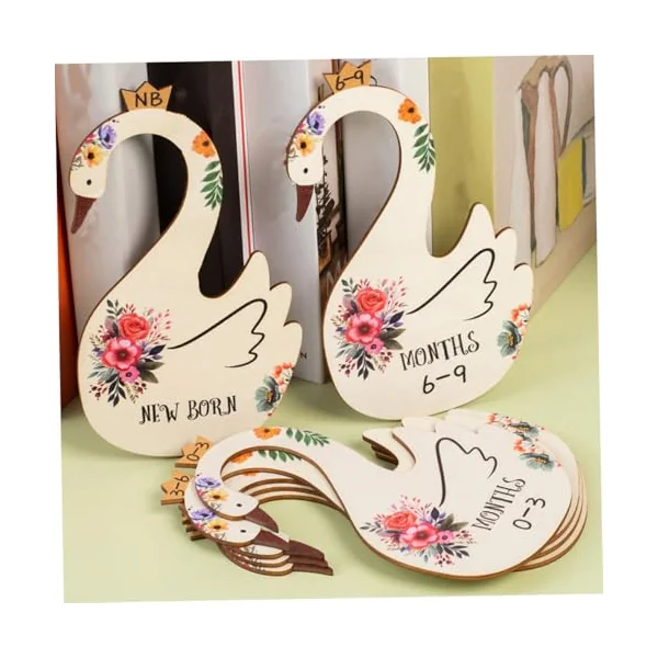 Cabilock 7pcs Wooden Baby Clothes Dividers for Closet Organizers with Month Information, Cartoon Bird Illustration, for Baby Nursery Storage and Wardrobe Organisation