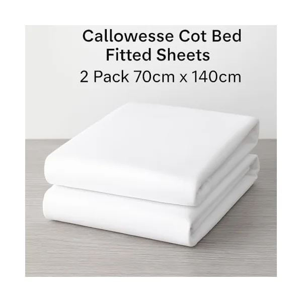 Callowesse 2 Pack Cot Bed Fitted Sheets – Organic Cotton Baby Bedding, 70 x 140 cm – Elasticated Edges for Snug Fit – White