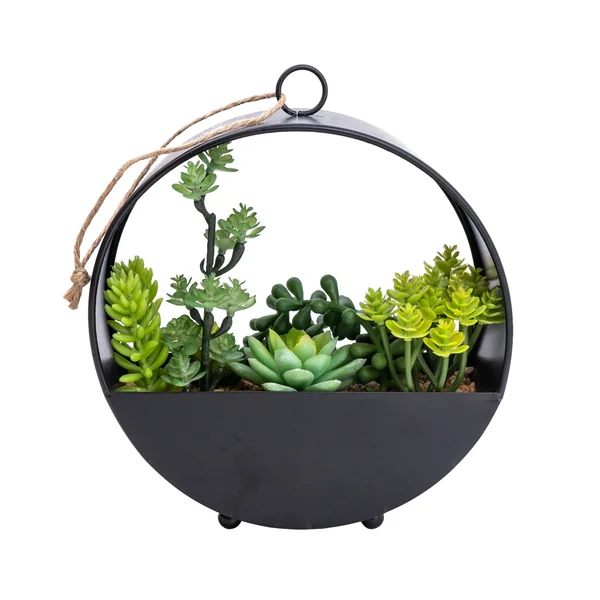 Candlelight Green 23cm Succulent Artificial plant in Black Metal Pot