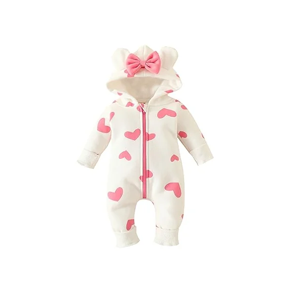 Carolilly Baby Girls Romper Winter Warm Infant Baby Jumpsuit Romper Bear Ear Snowsuit Newborn Hooded Romper Warm Coat Heart/Cow Pattern Long Sleeve Zipper Button Romper