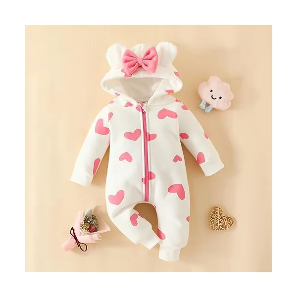 Carolilly Baby Girls Romper Winter Warm Infant Baby Jumpsuit Romper Bear Ear Snowsuit Newborn Hooded Romper Warm Coat Heart/Cow Pattern Long Sleeve Zipper Button Romper