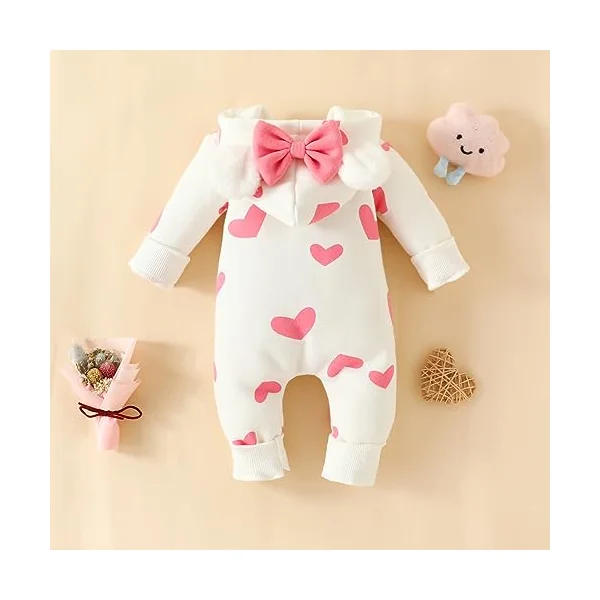 Carolilly Baby Girls Romper Winter Warm Infant Baby Jumpsuit Romper Bear Ear Snowsuit Newborn Hooded Romper Warm Coat Heart/Cow Pattern Long Sleeve Zipper Button Romper